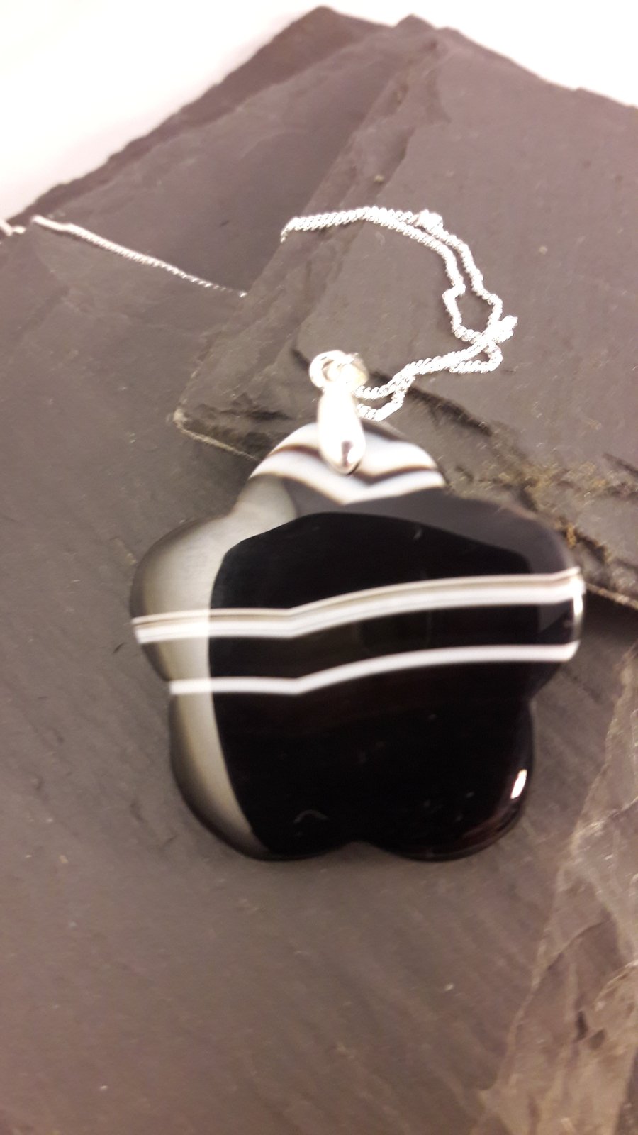 Black and White Striped Agate Flower Pendant with Sterling Silver Chain
