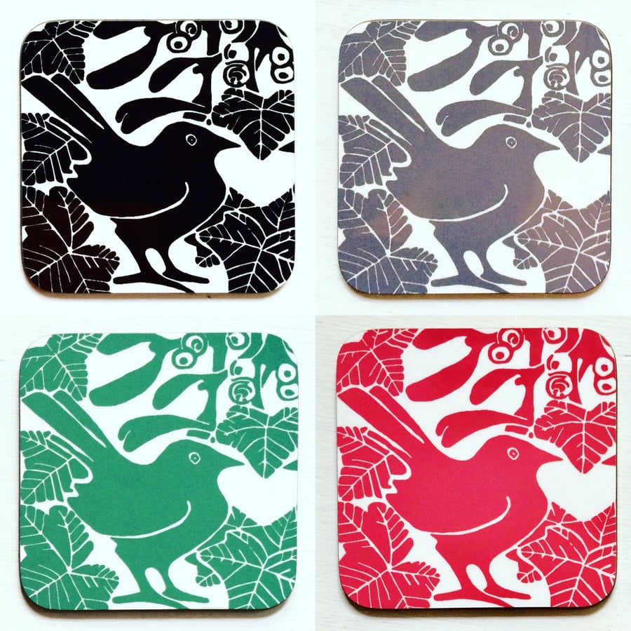 Pk of 4 Bird & Mistletoe Coasters