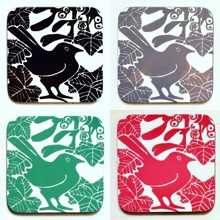 Pk of 4 Bird & Mistletoe Coasters