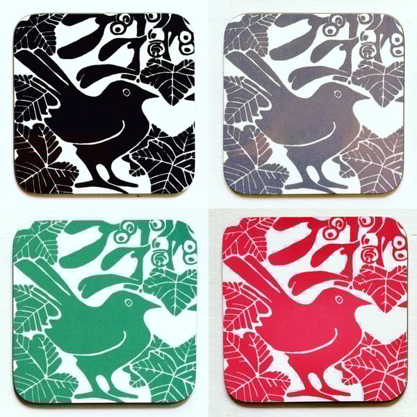 Pk of 4 Bird & Mistletoe Coasters