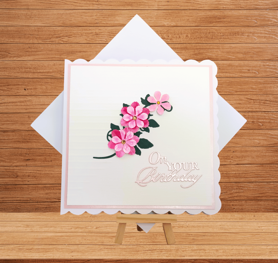 Beautiful handmade pink floral birthday card