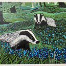  Bluebells and Badgers - Handmade Limited Edition Lino Print 