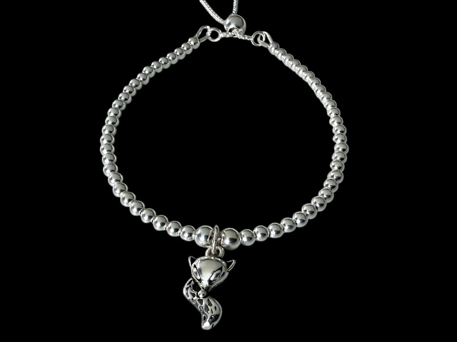 Sterling Silver Fox Charm Bracelet with Adjustable Slider Clasp