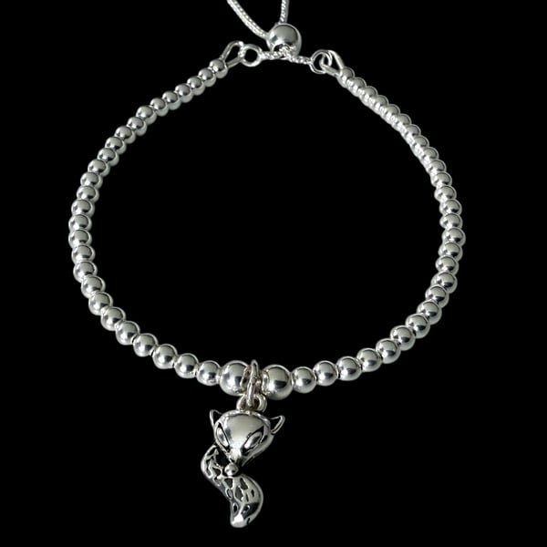 Sterling Silver Fox Charm Bracelet with Adjustable Slider Clasp