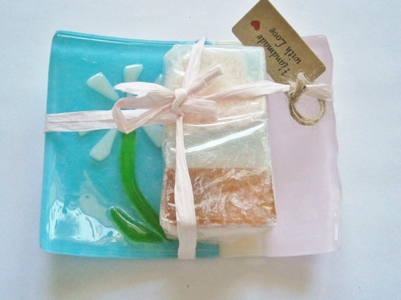 Fused glass soap or trinket dish with flower detail