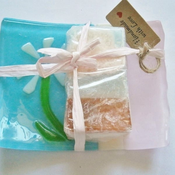 Fused glass soap or trinket dish with flower