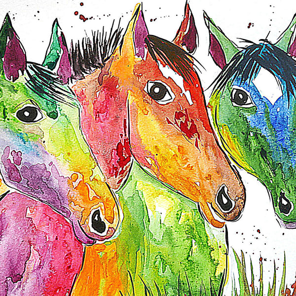 Colouful Horses Greeting card 5" x 7" "Three Heads are better than one!"