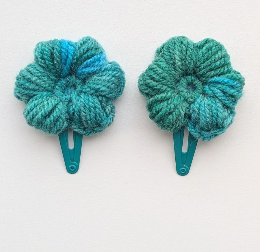 Pair of Green Blue Crochet Flower Hair Clips 