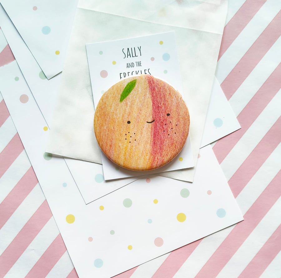 Handmade Peachkin the Peach Pin Badge 58mm - Fruit Pin Badge - Cute ...
