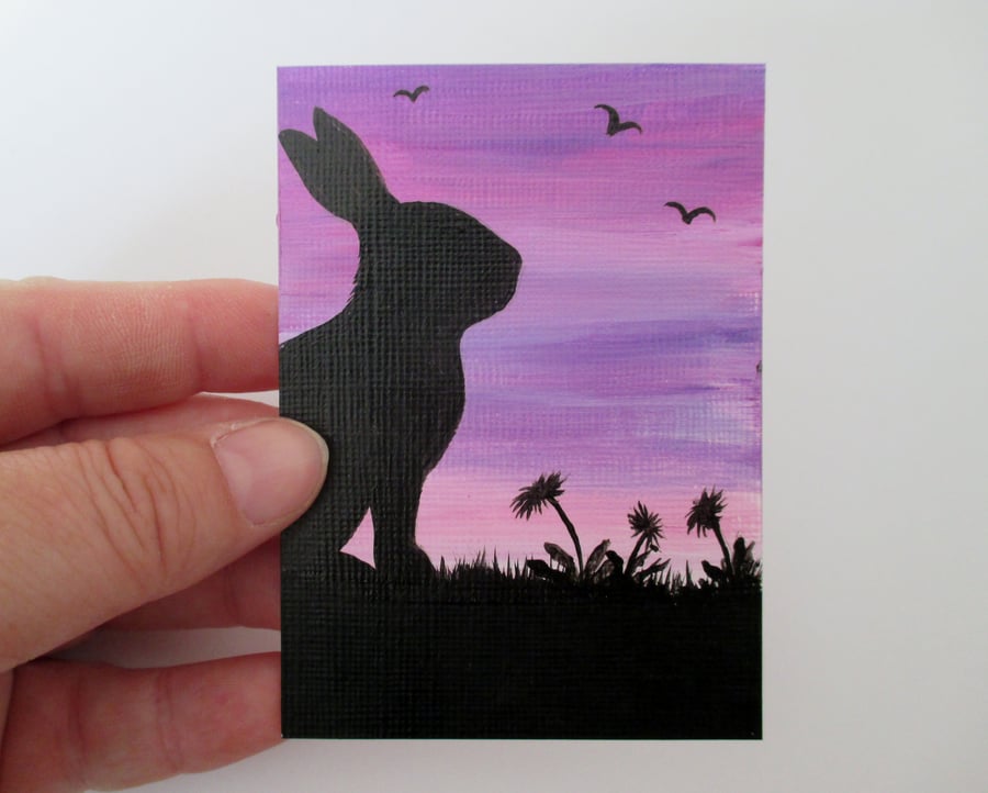 ACEO Bunny Rabbit Silhouette with Pink and Purple Sky Original Painting