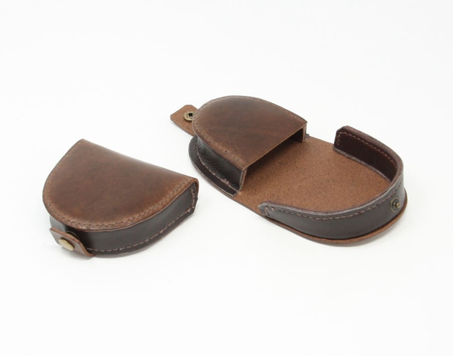 Brown leather coin purse with coin tray and press stud closure