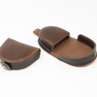Brown leather coin purse with coin tray and press stud closure