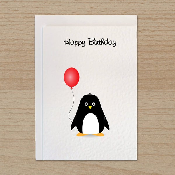 Penguin Birthday card, Funny Birthday card with cute penguin holding balloon