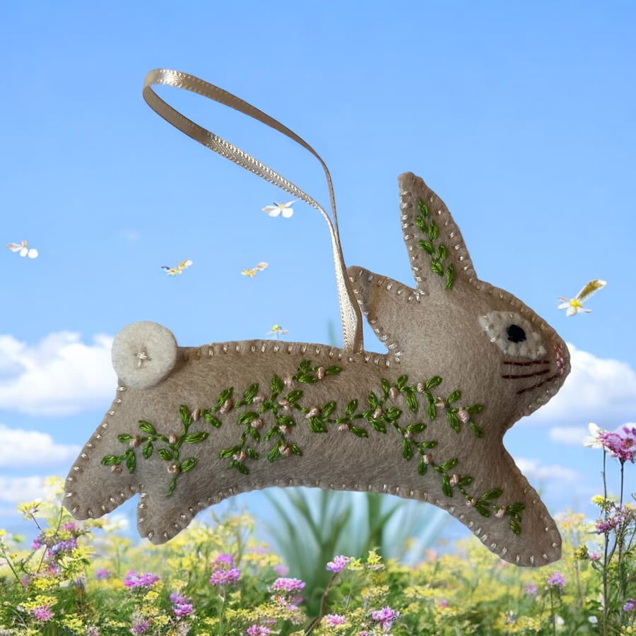 Fawn Felt Rabbit with Hand Embroidered pink flowers