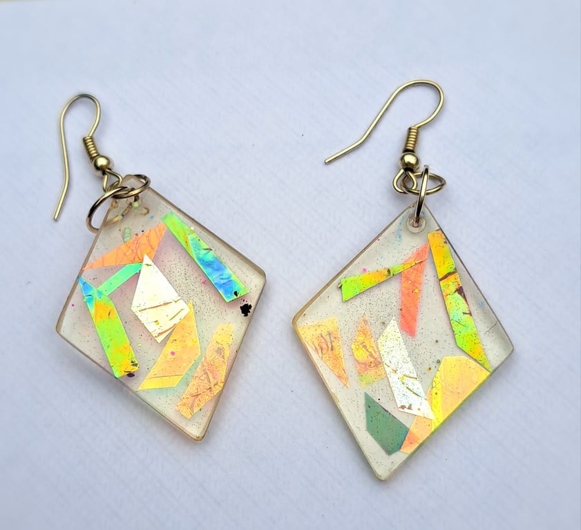 Diamond shape clear dangle earrings with a selection of dichroic pieces sparkly