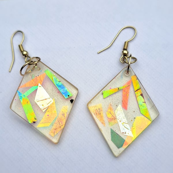 Diamond shape clear dangle earrings with a selection of dichroic pieces sparkly