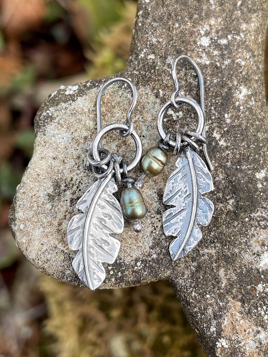 Oxidised silver feather and green pearl earrings