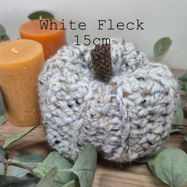 Rustic Autumn Crochet Pumpkin in white fleck with Harris Tweed Detail