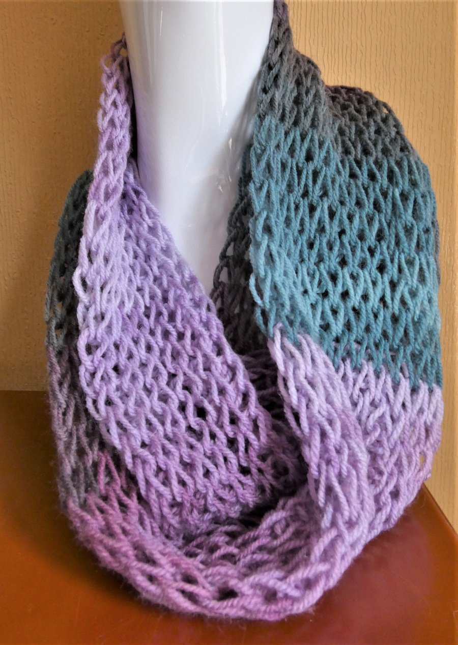 Drop stitch infinity scarf - purple, lilac and teal - Free P&P