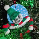 Christmas tree decoration of a Seal, airdry clay with a fabric hat and scarf.  