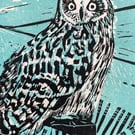 Short Eared Owl Geltsdale Nature Reserve Ltd Edition Lino Print