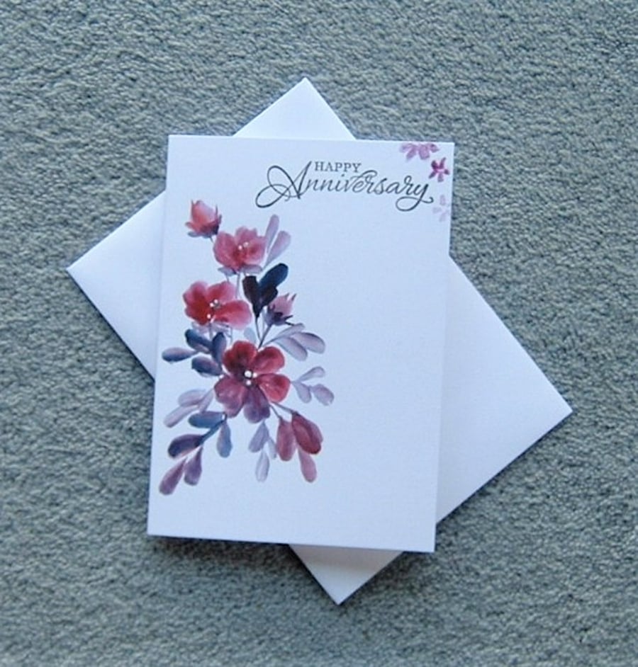 floral hand painted watercolour Anniversary Greetings card ( ref F 168 )