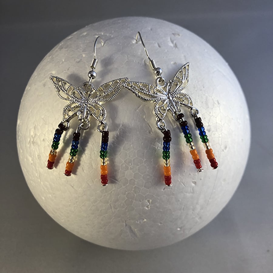Butterfly Earrings with Beaded Drops with The Pride Flag