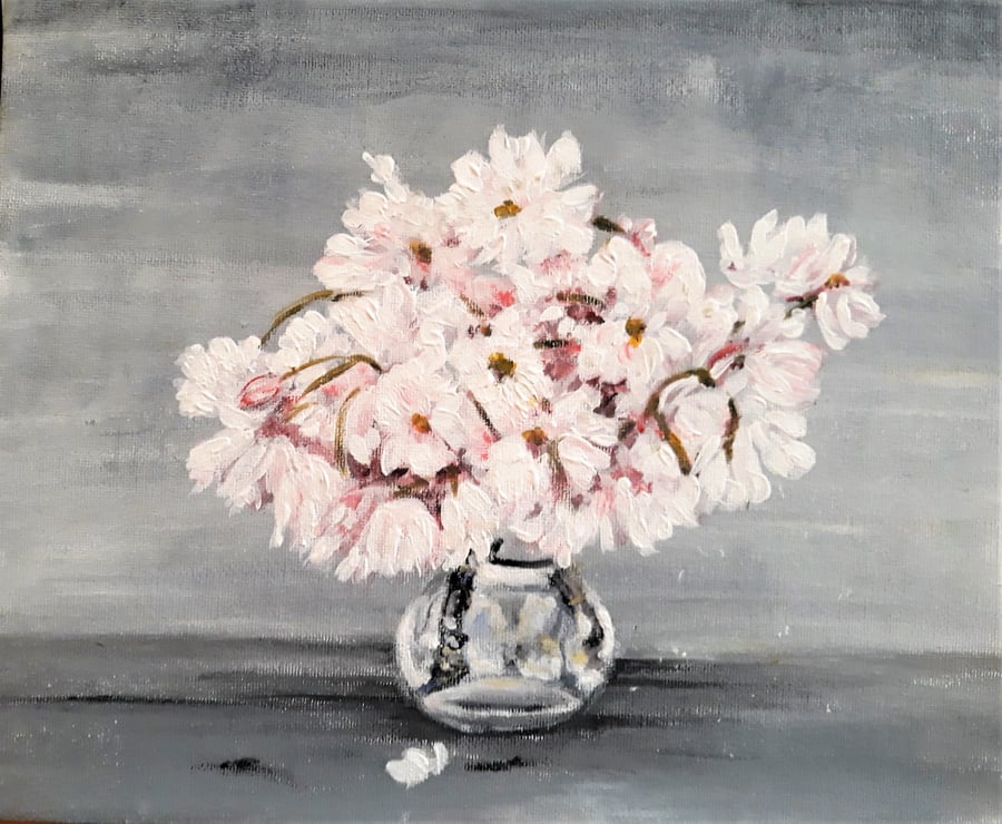 Original Flower Painting, Cherry Blossom in Vase Ready Framed Acrylic Art