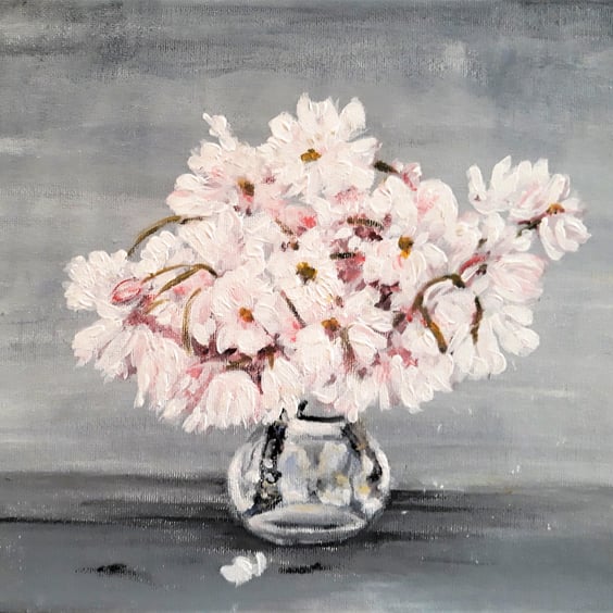 Original Flower Painting, Cherry Blossom in Vase Ready Framed Acrylic Art