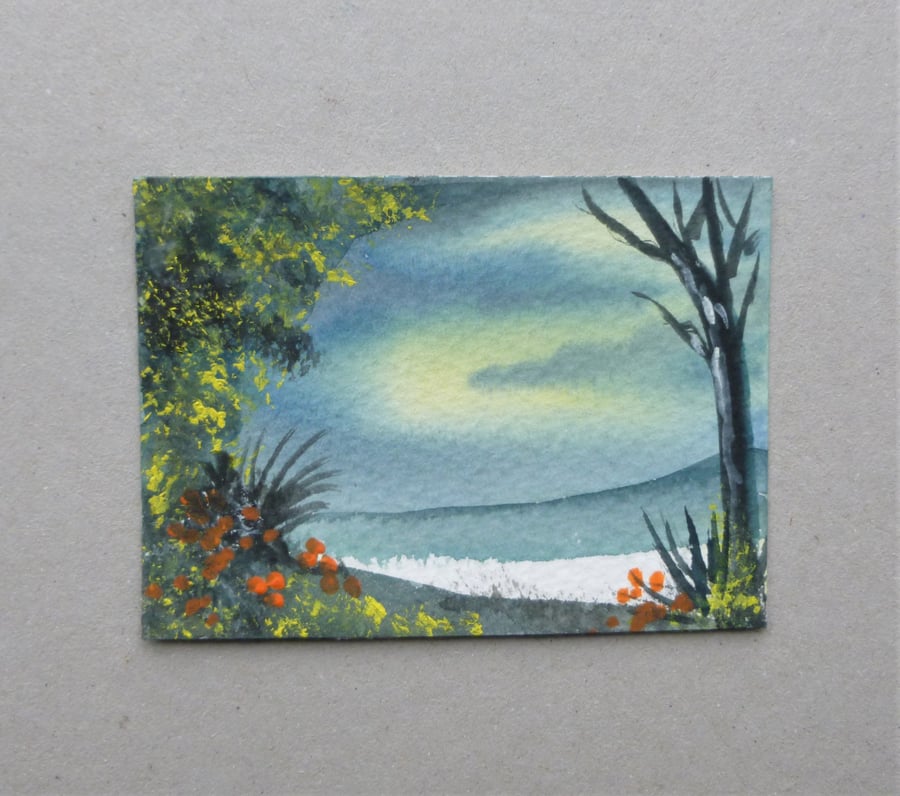 aceo atc original miniature art watercolour landscape ( ref F421.N7 )