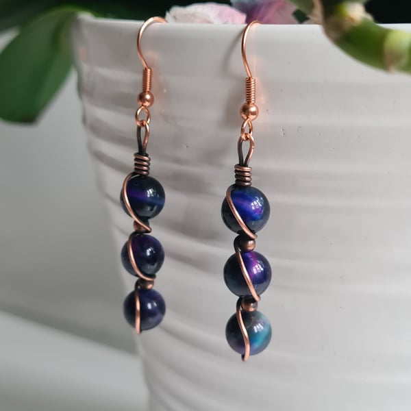 Galaxy Tiger's Eye & Copper Dangle Drop Earrings Gift Boxed Crystal Jewellery 