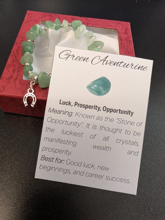Green Aventurine Natural Gemstone Bracelet with charm and meaning card 