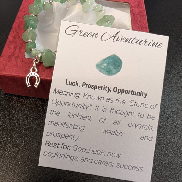 Green Aventurine Natural Gemstone Bracelet with charm and meaning card 