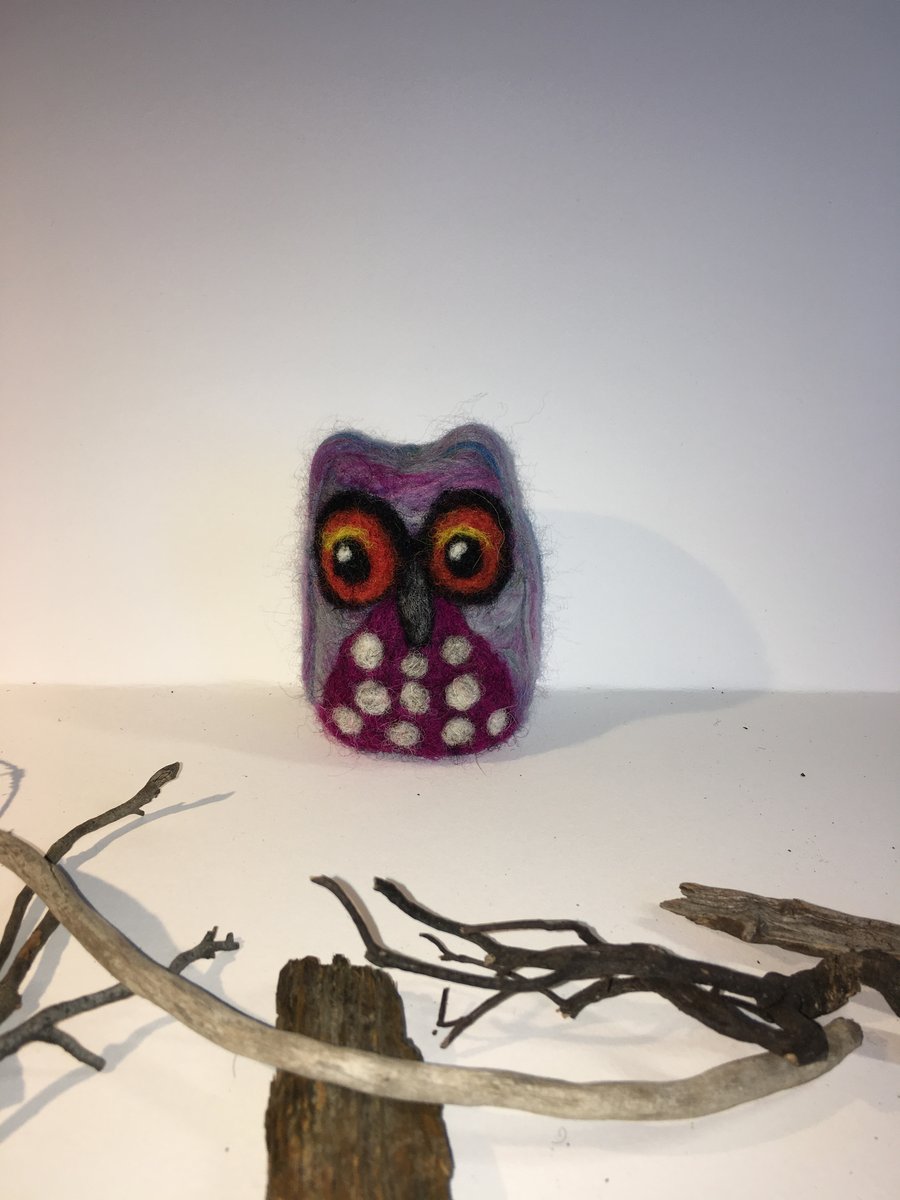 Sky Blue and purple needle felted owl ,perfectly imperfect