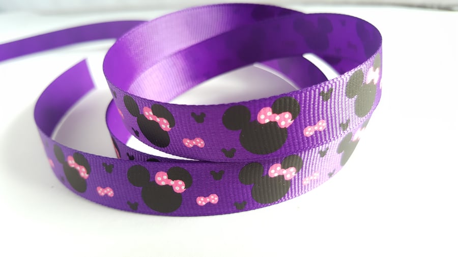 3m Ribbon - Printed Grosgrain - 16mm - Cartoon Mouse - Purple 