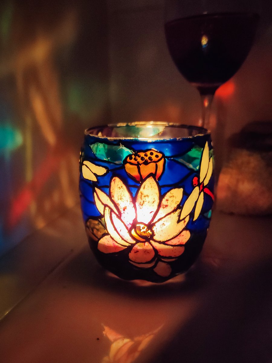 Stained glass effect painted candle holder with dragonflies and water lillies