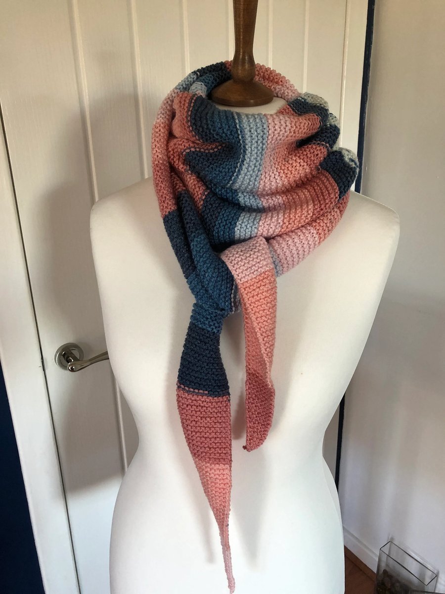 Shawl Triangular Scarf in cotton mix Pastel colours handknitted 193cms long