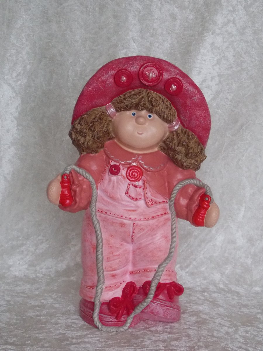 Hand Painted Large Ceramic Button Buddy Girl Figurine In Pink Ornament.