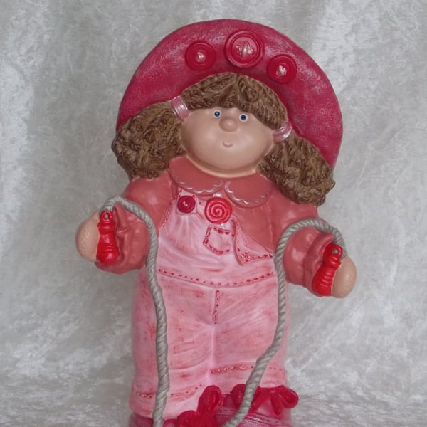 Hand Painted Large Ceramic Button Buddy Girl Figurine In Pink Ornament.