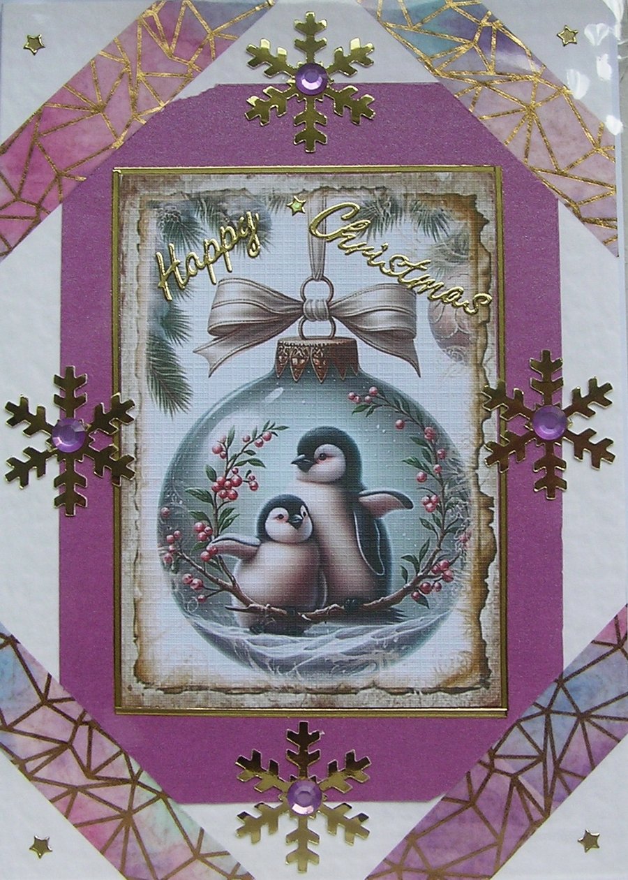 Image of Hand Crafted Decoupage Chistmas Card - Happy Christmas (2979) Penguin Chicks