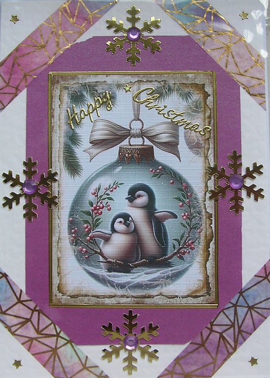 Hand Crafted Decoupage Chistmas Card - Happy Christmas (2979) Penguin Chicks