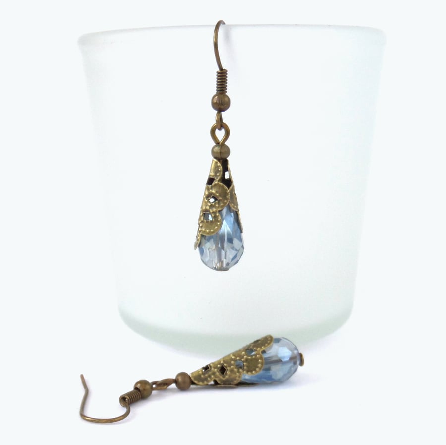 Blue crystal drop bronze earrings, vintage inspired earrings