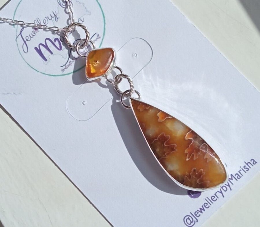 Suture Ammonite Necklace Amber with Insect Sterling Silver Jewellery Gift 925