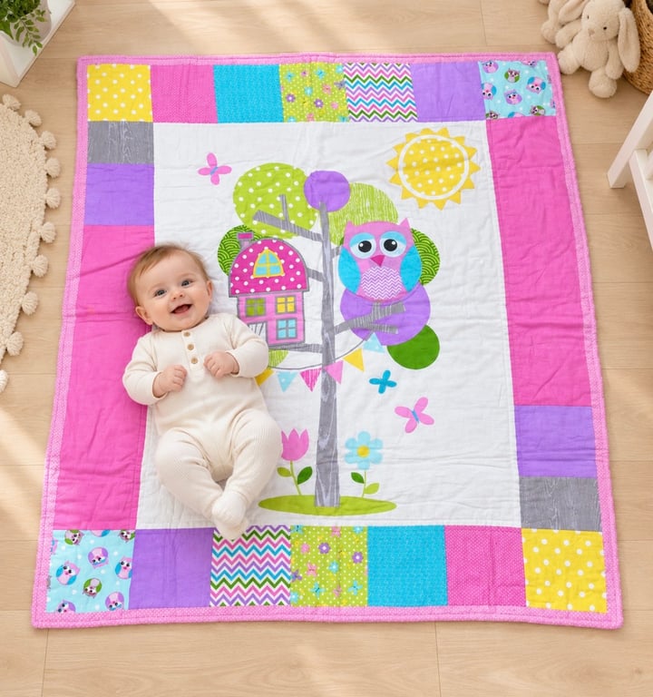 Handmade Owl Baby Play Mat with Colourful Patchwork Border