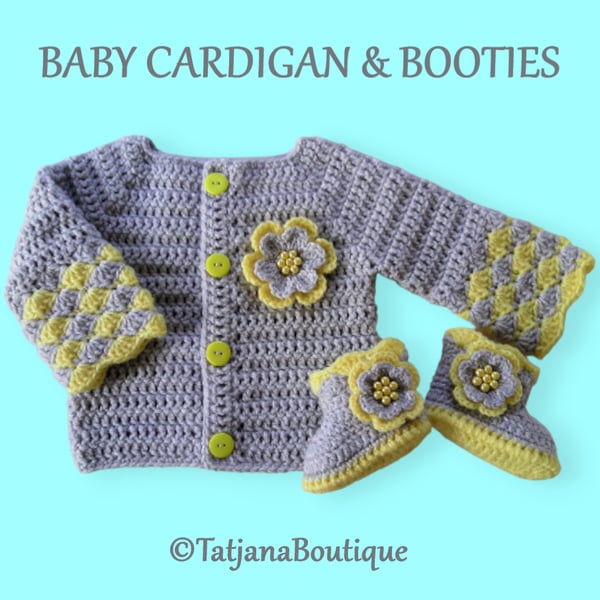 Crochet Baby Cardigan and Booties, Baby Grey and Yellow Clothes Set