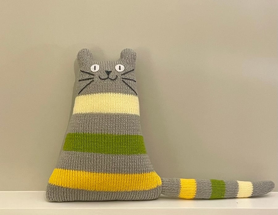 Grey, yellow and green acrylic yarn cat doll - Hand knitted cat gift 