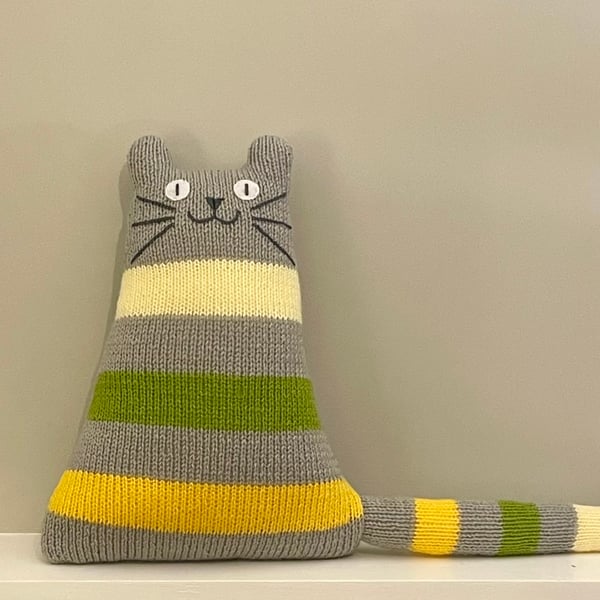 Grey, yellow and green acrylic yarn cat doll - Hand knitted cat gift 