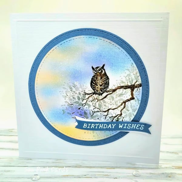 Owl Birthday Card - handcrafted, sunset, birthday wishes