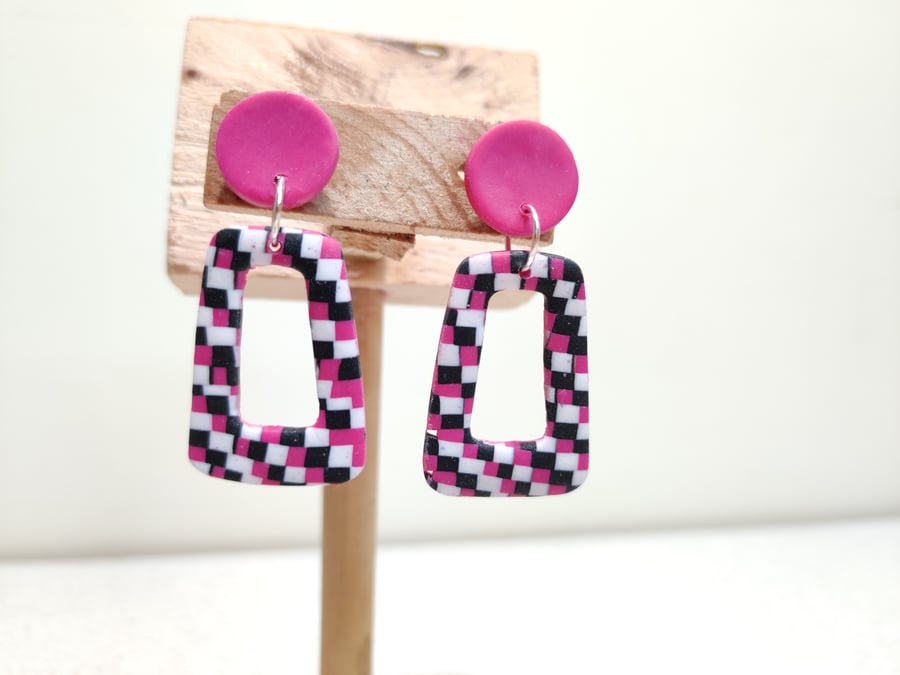 Pink and stripes square trapeze earrings