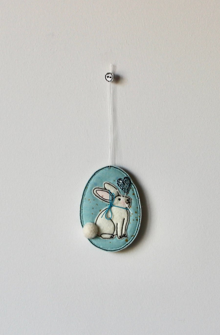 'Bunny on a Blue Egg with a Blue Glitter Heart 10' - Hanging Decoration